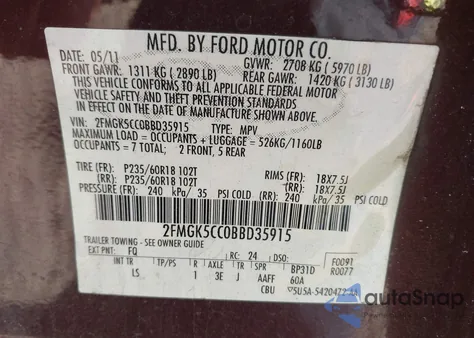 2011 Ford Flex Sel z USA, uszkodzony, nr VIN 2FMGK5CC0BBD35915